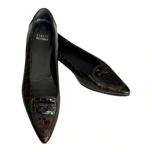 STUART WEITZMAN Brown Patent Croc Embossed Flats w/ Bow Accent 7.5M - Picture 1 of 10
